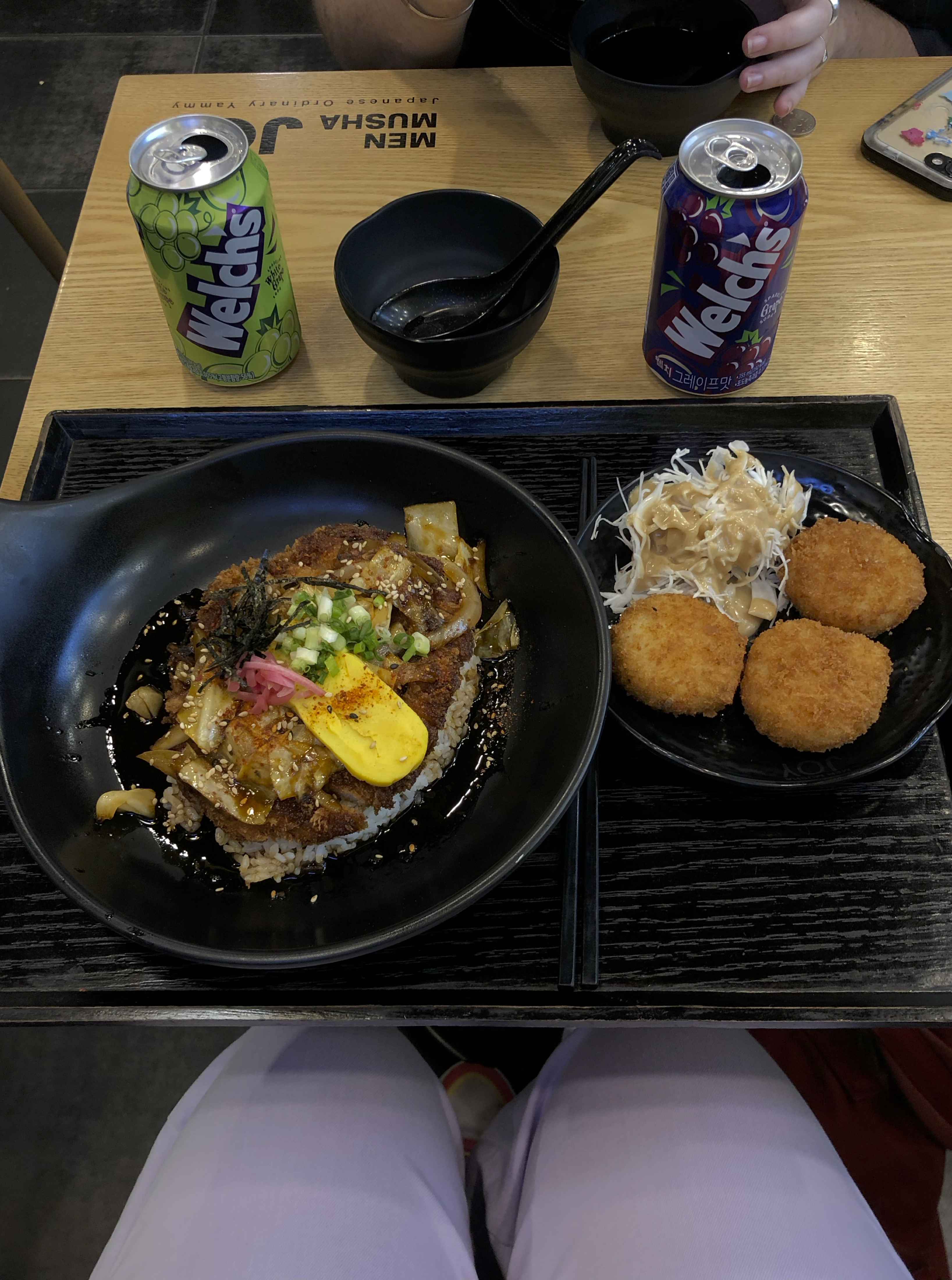 chicken katsu and grape sodas